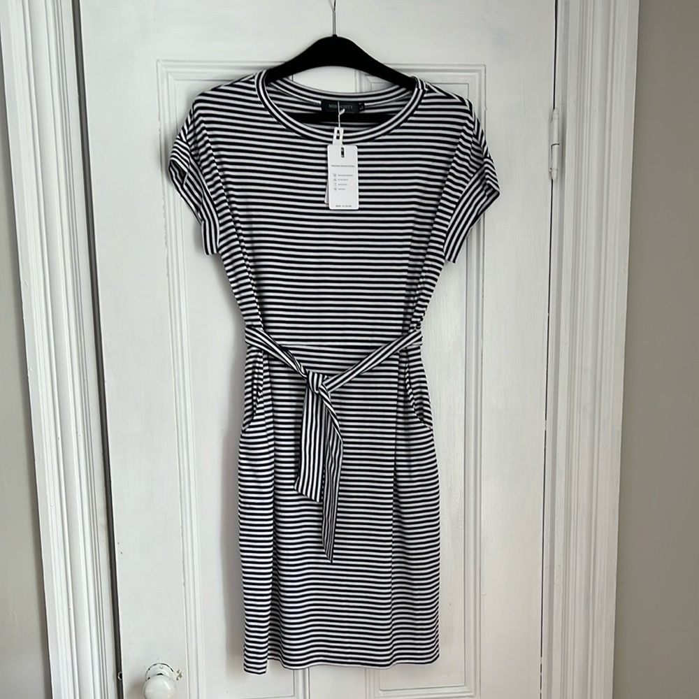Casual White and Blue Dress with Dolman Sleeves
